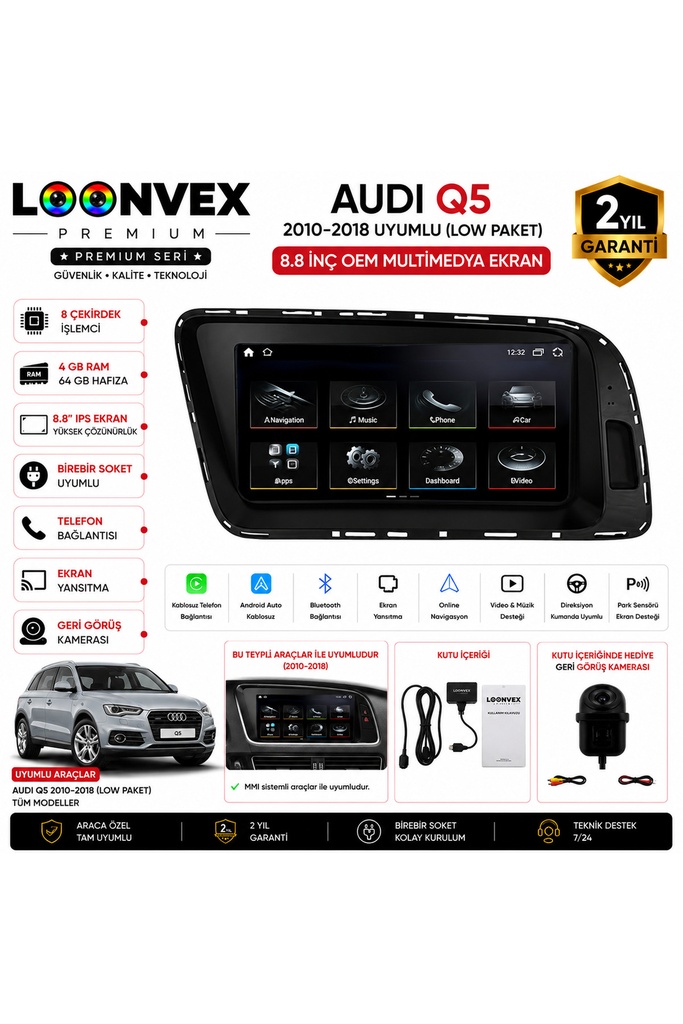 LOONVEX Premium Audi Q5 2010-2018 Low Paket | 8.8 İnç Multimedya Ekran | 8 Çekirdek | 4GB RAM | 64GB Hafıza