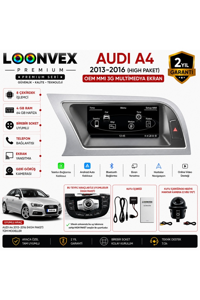 LOONVEX Premium Audi A4 2013-2016 High Paket OEM MMI 3G Multimedya Ekran | 8 Çekirdek | 4GB RAM | 64GB Hafıza