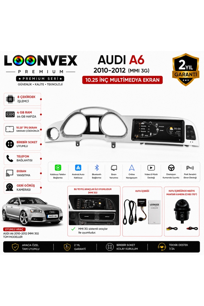LOONVEX Premium Audi A6 2010-2012 MMI 3G | 10.25 İnç Multimedya Ekran | 8 Çekirdek | 4GB RAM | 64GB Hafıza