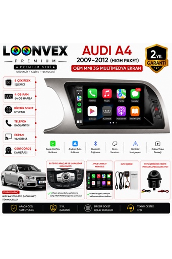 LOONVEX Premium Audi A4 2009-2012 High Paket OEM MMI 3G Multimedya Ekran | 8 Çekirdek | 4GB RAM | 64GB Hafıza