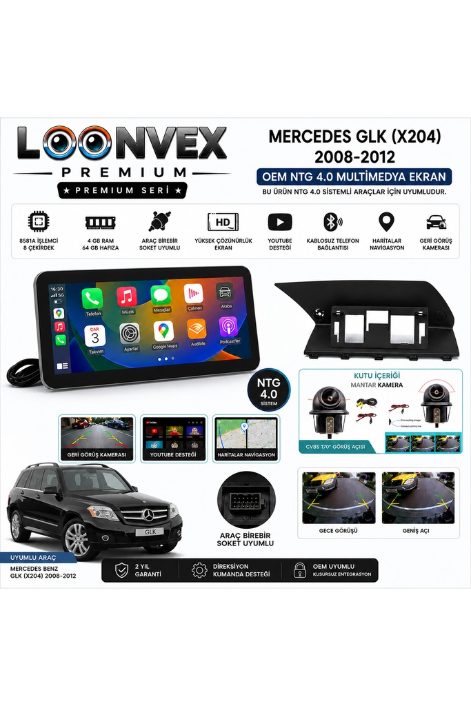 LOONVEX Premium Mercedes GLK X204 2008-2012 OEM NTG 4.0 Multimedya Ekran | 8 Çekirdek | 4GB RAM | 64GB Hafıza