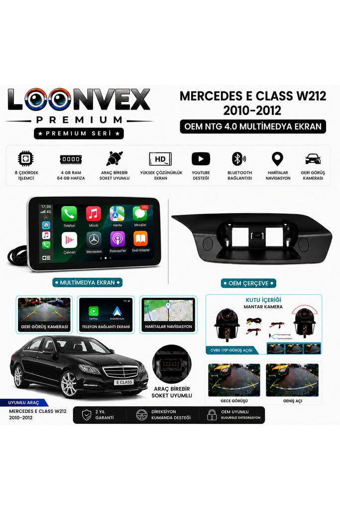 LOONVEX Premium Mercedes E Serisi W212 2010-2012 OEM NTG 4.0 Multimedya Ekran | 8 Çekirdek | 4GB RAM | 64GB Hafıza
