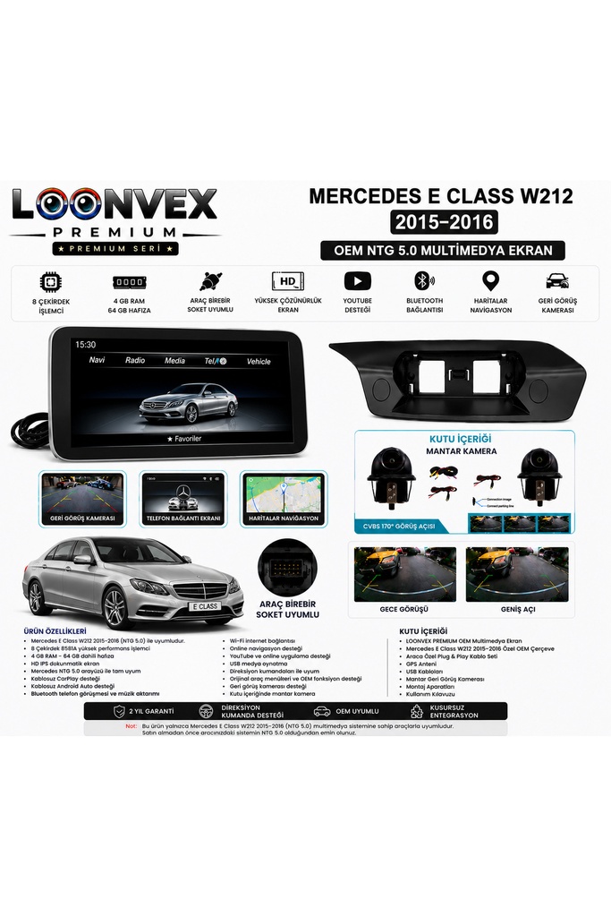 LOONVEX Premium Mercedes E Serisi W212 2015-2016 OEM NTG 5.0 Multimedya Ekran | 8 Çekirdek | 4GB RAM | 64GB Hafıza