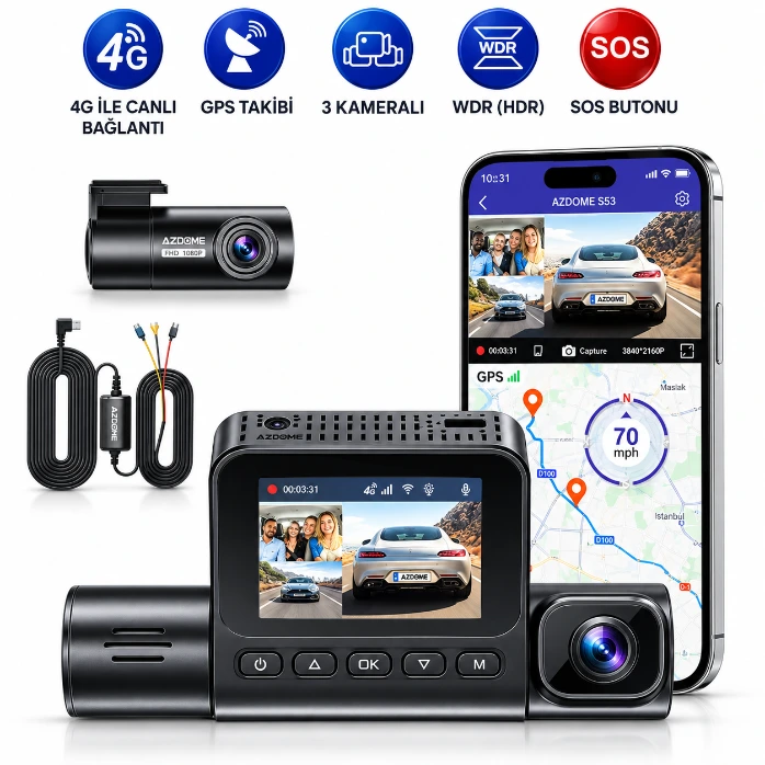 AZDOME S58 4G 3 Kameralı Araç Kamerası